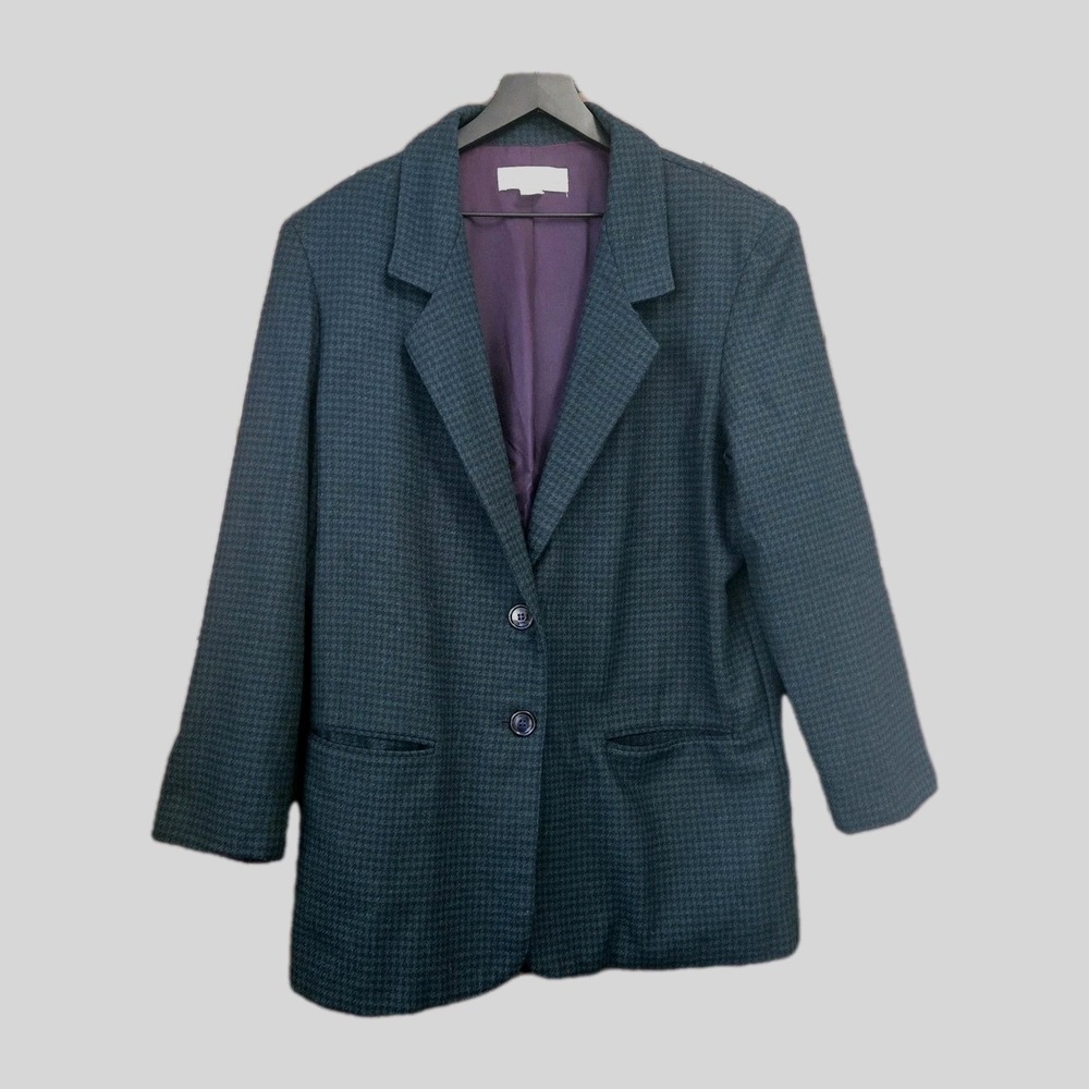 Vintage Paris Sport Club‎ Blazer Jacket Women Size L Navy Teal Houndstooth